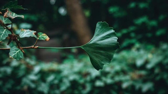 A close-up showcases a ginkgo leaf alongside ivy, amidst a blurry green backdrop
