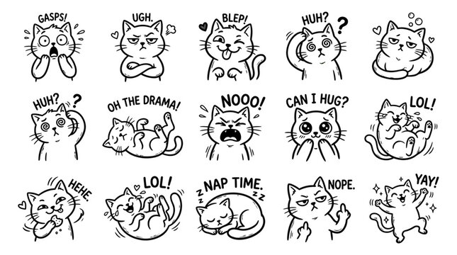Funny Cat Emoticons Set: Emotions, Expressions, and Reactions