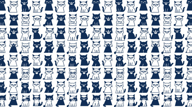 Grumpy Cat Faces Pattern, Funny Animal Expressions, Kawaii Cat Illustrations