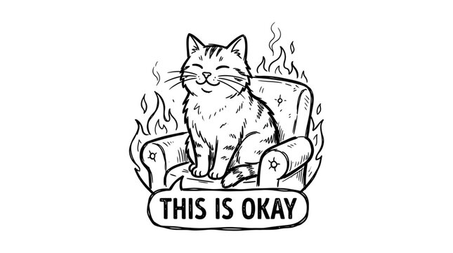 Cat in Burning Chair Saying This is Okay - Meme Illustration