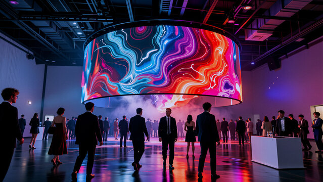 People gathered around a large curved screen
