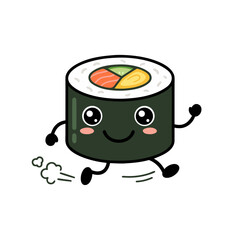 Cute Japanese sushi roll cartoon mascot character running happily. Isolated vector illustration of maki sushi with a smiling face on a white background. © Adi