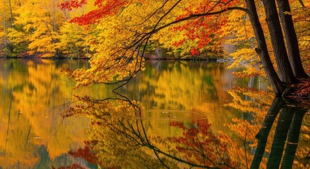 Vibrant autumn forest reflected in a calm lake, showcasing golden foliage, tranquil water, and colorful seasonal scenery in a peaceful natural landscape © Ahmadabi