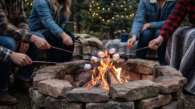 Group of diverse friends roasting marshmallows over a stone campfire at night, cozy outdoor autumn camping lifestyle and friendship concept