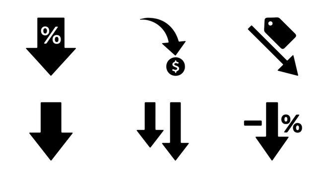 Down Arrow Icons Set: Price Drop, Sale, Discount, Decrease, Negative