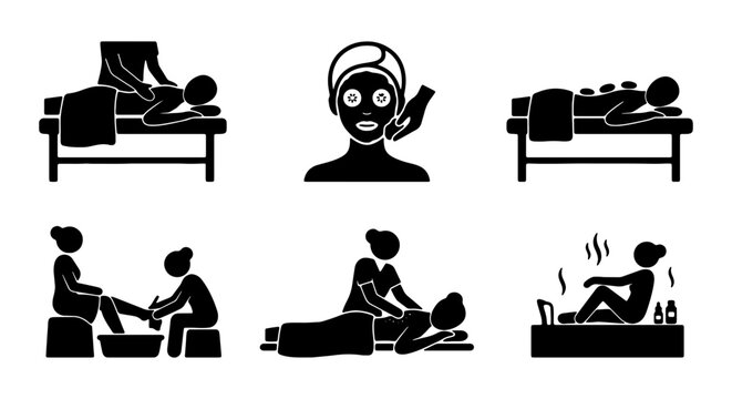 Spa Treatment Icons, Wellness Services, Relaxation Therapy, Massage, Facials, Hot Stones
