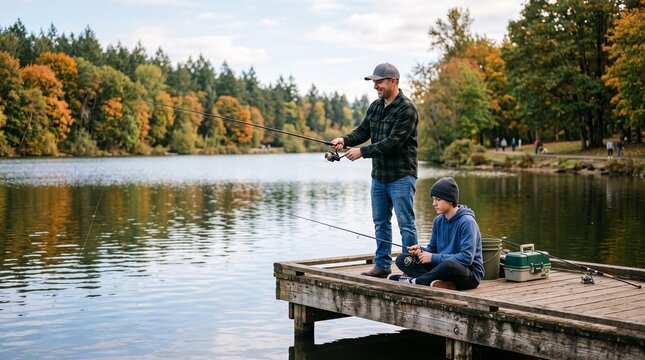 Father and son enjoy fishing together on a wooden dock by a lake during autumn with colorful trees