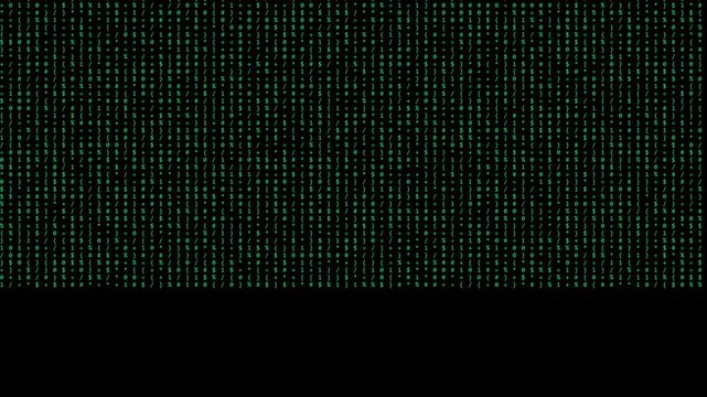 Green digital matrix code falling background, abstract binary data stream animation 4k