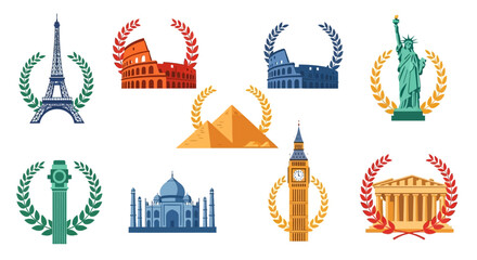 World Landmarks Set with Laurel Wreaths Icons © Safari