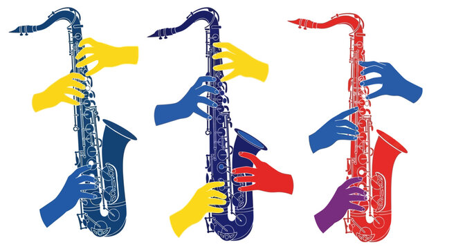 Colorful Pop Art Saxophones with Hands Playing Instruments