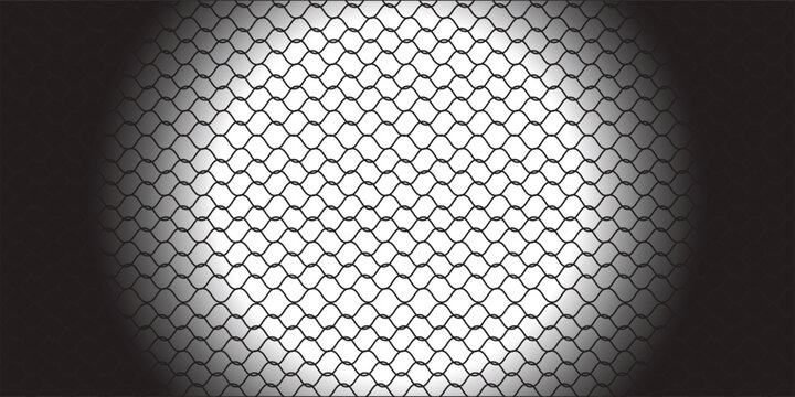 Black and white chain link fence background with central spotlight effect and abstract wire net mesh texture for sports