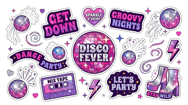 A vibrant disco party scene with a sticker pack featuring y2k aesthetic elements like a cassette, boots, and disco ball.