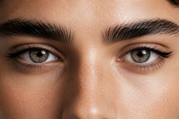 Fototapeta premium Extreme close up portrait of an androgynous model with expressive eyes, flawless natural skin texture, editorial beauty concept, gender neutral identity, premium skincare and fashion photography