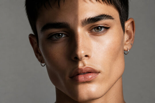 Androgynous portrait with dramatic split lighting symbolizing dual identity, gender neutral beauty, self expression, inclusion, editorial fashion concept and premium contemporary portrait