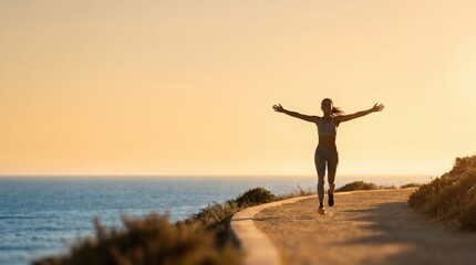 Fototapeta premium Young fit woman running on coastal path at sunset with arms outstretched representing freedom and healthy active lifestyle