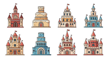 Set of Various Fantasy Castle Icons and Medieval Fortress Illustrations © Lem