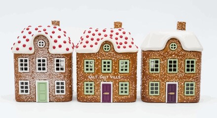 Fototapeta premium Three Decorative Christmas Gingerbread Style House Ornaments