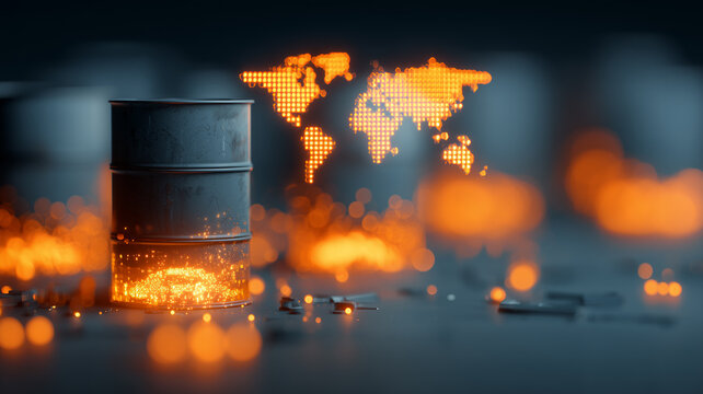 Oil barrel with glowing world map representing global energy trade, petroleum markets, and economic risk.
