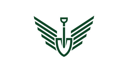 Green shovel icon with stylized wings logo. © Asri
