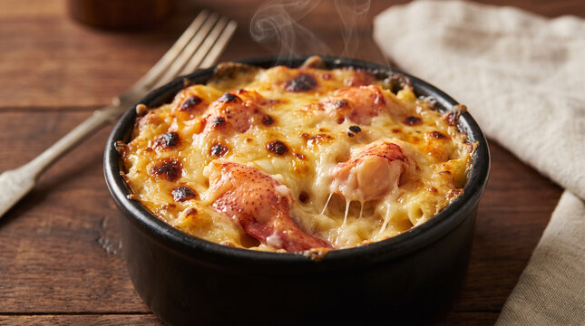 baked lobster macaroni and cheese tart in black ramekin