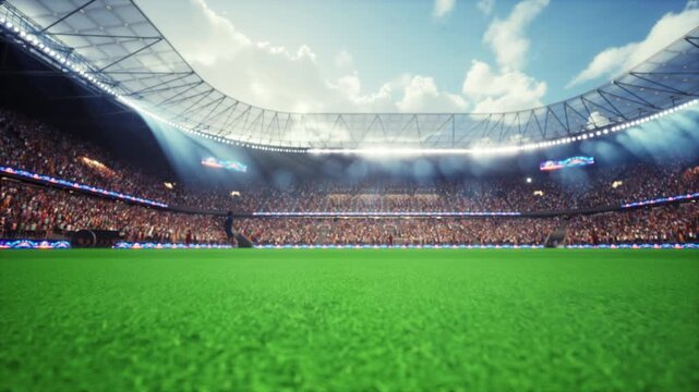 Animation of camera tracking football players running across stadium pitch during sunny daytime match for sports venue and match background content.