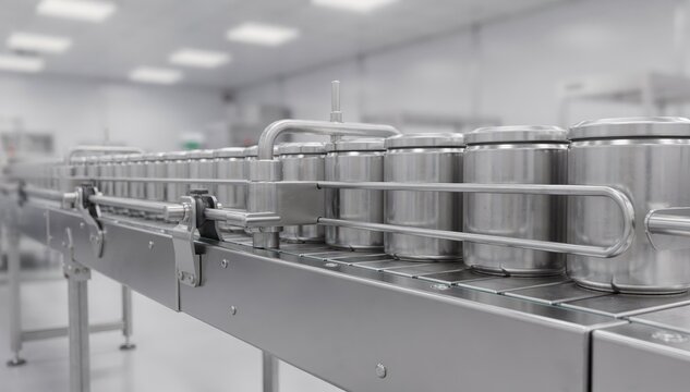 Medium shot of an accumulation zone on a hygienefocused conveyor system where containers pause temporarily during workflow coordination.