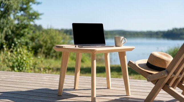 Remote work setup with laptop and coffee on wooden table at lakefront deck for digital nomad lifestyle and freelance business concept