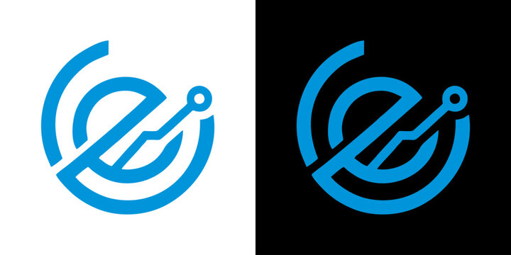 Blue letter E technology logo icon set isolated on white and black backgrounds