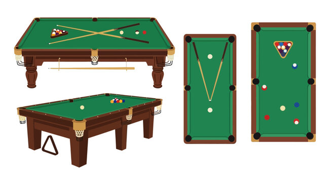 Set of Billiard Pool Tables with Cues and Balls