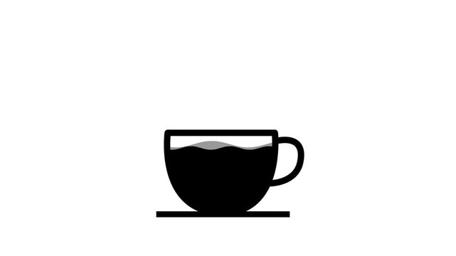 Animated black vector cup filling with hot liquid, followed by rising steam on a clean white background. Great for hot beverage concepts and morning cafe promotions.