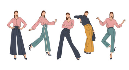 Naklejka premium Fashionable women posing in stylish wide-leg pants and elegant tops, diverse outfits