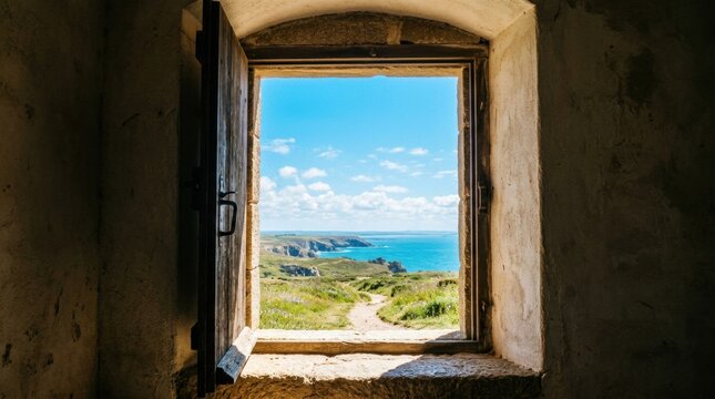 Open window framing a coastal path and blue sea view with cliffs and beach for scenic wallpaper background and travel poster design