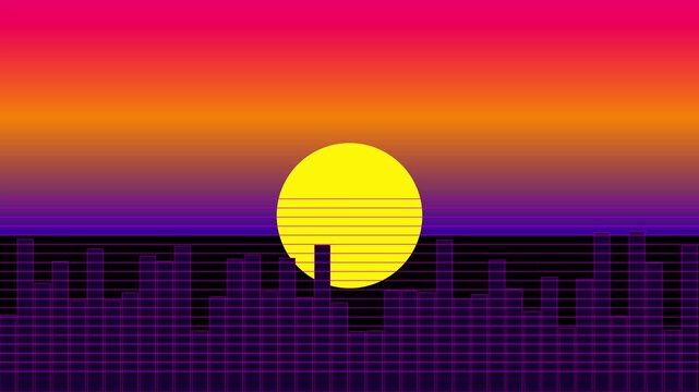 Retro synthwave cityscape with glowing yellow sun and neon horizon for 80s aesthetic digital backgrounds animation 4k