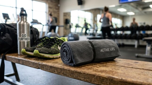 Gym bench with rolled towel active life water bottle and running shoes for fitness background and sports banner design