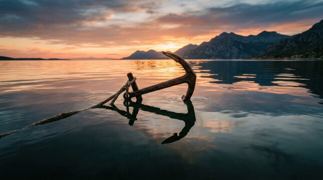 Rusty anchor half submerged in reflective water at sunset on tranquil coastline for nautical background and serene landscape wallpaper design
