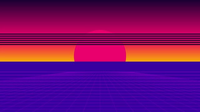 Retro synthwave landscape with glowing neon sun and digital grid horizon for 80s aesthetic motion animation 4k