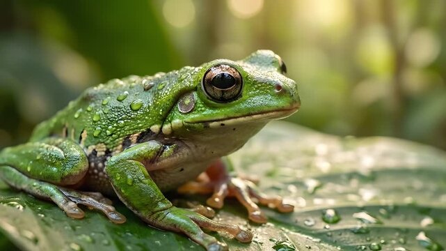 Green Tree Frog on Dew Covered Leaf Macro