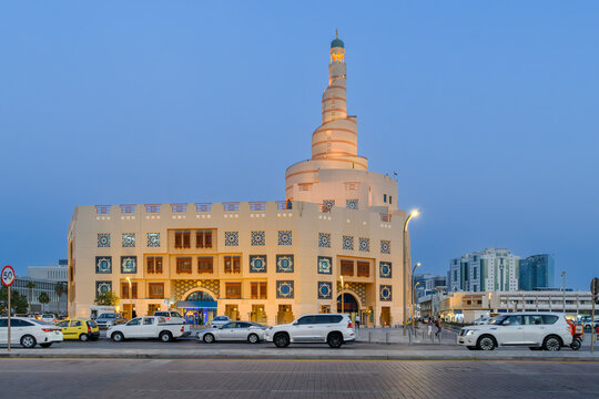 Evening view of the Fanar Mosque or Abdulla Bin Zaid Al Mahmoud Islamic Cultural Center, known for it's spiral minaret, a major landmark in the Souq Waqif area of Doha Qatar.