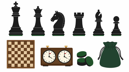 Chess pieces and board with clock and coins. © Bay