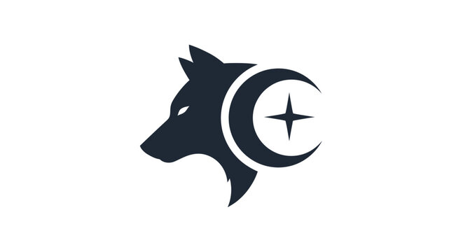 Howling wolf profile with crescent moon and star.