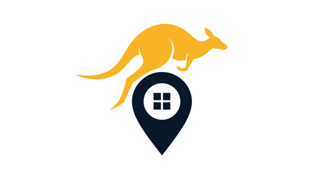 Kangaroo jumping over a location pin logo.