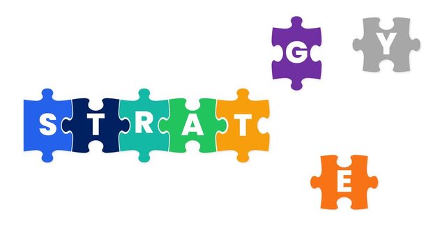 Animated STRATEGY Word Created by Colorful Jigsaw Puzzle Pieces on White Background