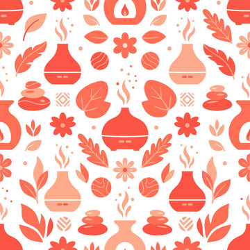 Vibrant aromatherapy pattern featuring essential oil diffusers alongside calming spa stones and various floral elements creates a peaceful atmosphere for wellness projects that require organic