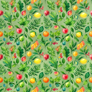 Vibrant watercolor composition showcases a repeating pattern of hand painted seasonal autumn fruits mixed with assorted lush forest foliage across a continuous tapestry of organic botanical