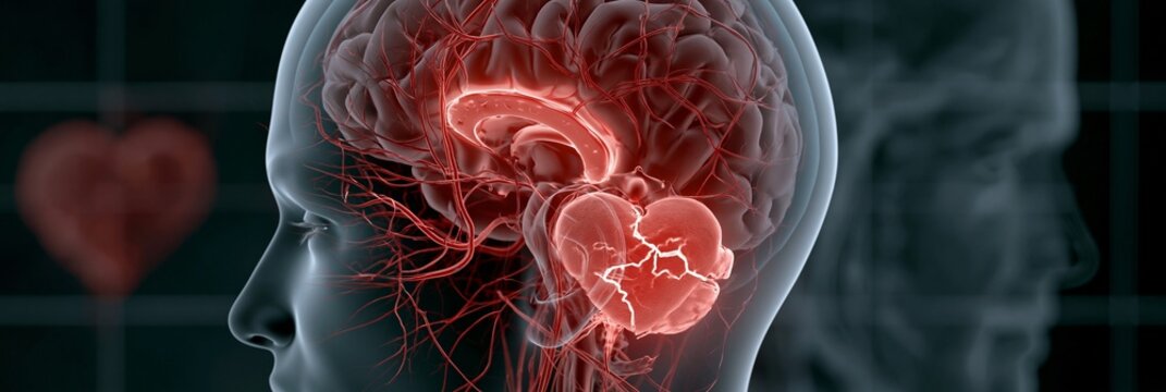3D human brain render with glowing anterior cingulate cortex and insula, red neural pathways, a cracked-heart icon, and a translucent head silhouette on a dark clinical background, visualizing social