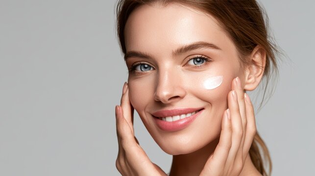 Beautiful woman smile use cream for good skin. face of a healthy woman apply cream and makeup. Advertisement for skin cream, anti-wrinkle, baby face, whitening, moisturizer, tighten pores