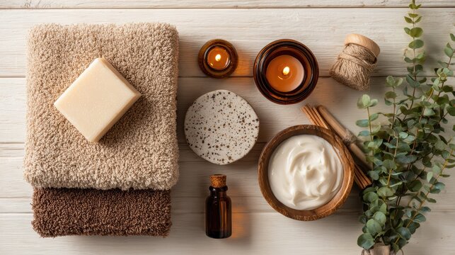 Beautiful spa treatment composition such as Towels, candles, essential oils, Massage Stones on light wooden background. blur living room, natural creams and moisturizing Healthy lifestyle, body care