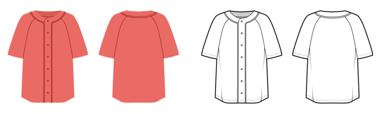 Baseball shirt with raglan sleeves, button front closure and relaxed silhouette curved hem and clean construction. Technical fashion illustration in black white and color, front back views. Vector