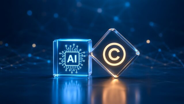 Artificial intelligence copyright concept featuring glowing AI microchip and copyright symbol cubes on a digital network background