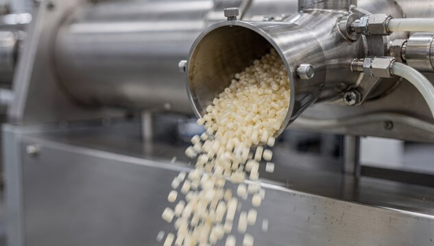 Medium shot of antistatic additive pellets feeding into an extruder via an inline dosing system ensuring precise static control during plastic production.